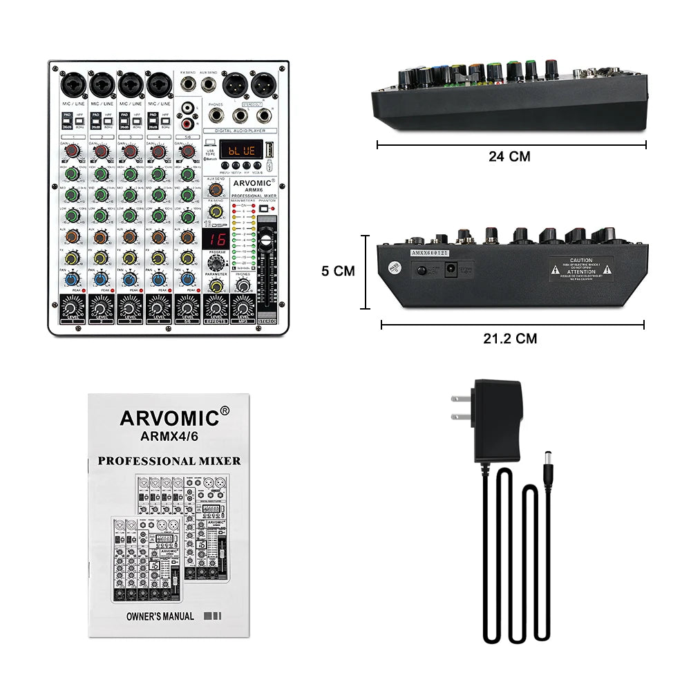 ARMX-6 6-Channel Audio Mixer with USB, Bluetooth, 16 DSP Effects, and 3-Band EQ