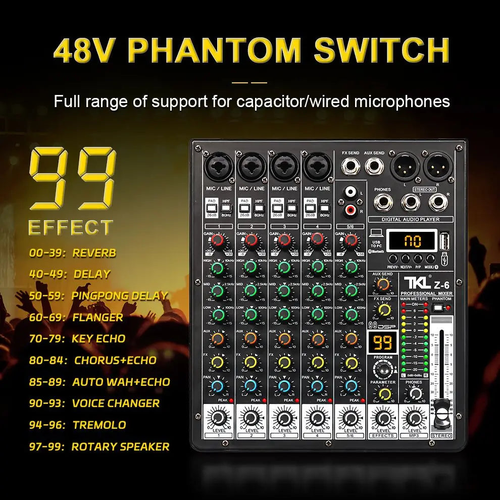 TKLBLS 6-Channel Audio Mixer USB Bluetooth DJ Studio Console