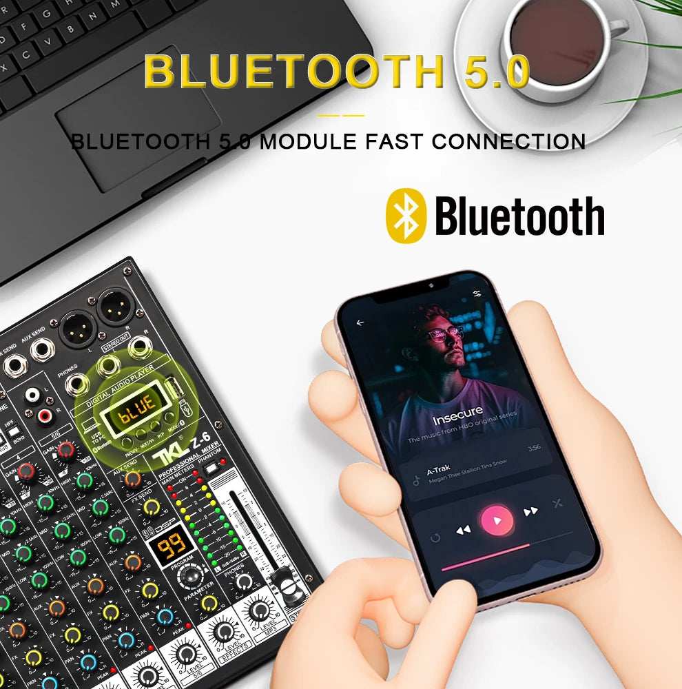 TKLBLS 6-Channel Audio Mixer USB Bluetooth DJ Studio Console