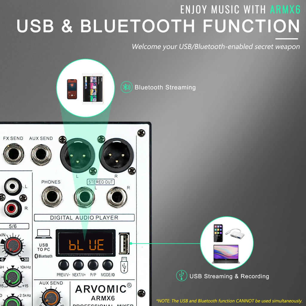 ARMX-6 6-Channel Audio Mixer with USB, Bluetooth, 16 DSP Effects, and 3-Band EQ
