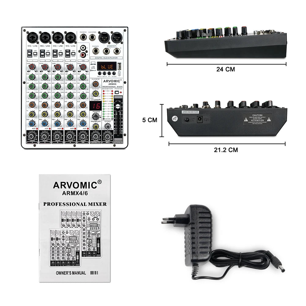 ARMX-6 6-Channel Audio Mixer with USB, Bluetooth, 16 DSP Effects, and 3-Band EQ