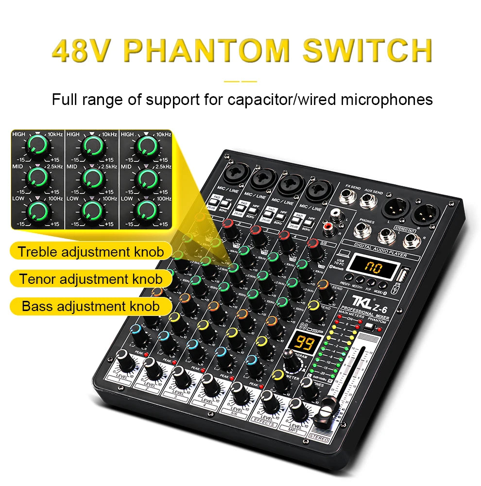 TKLBLS 6-Channel Audio Mixer USB Bluetooth DJ Studio Console