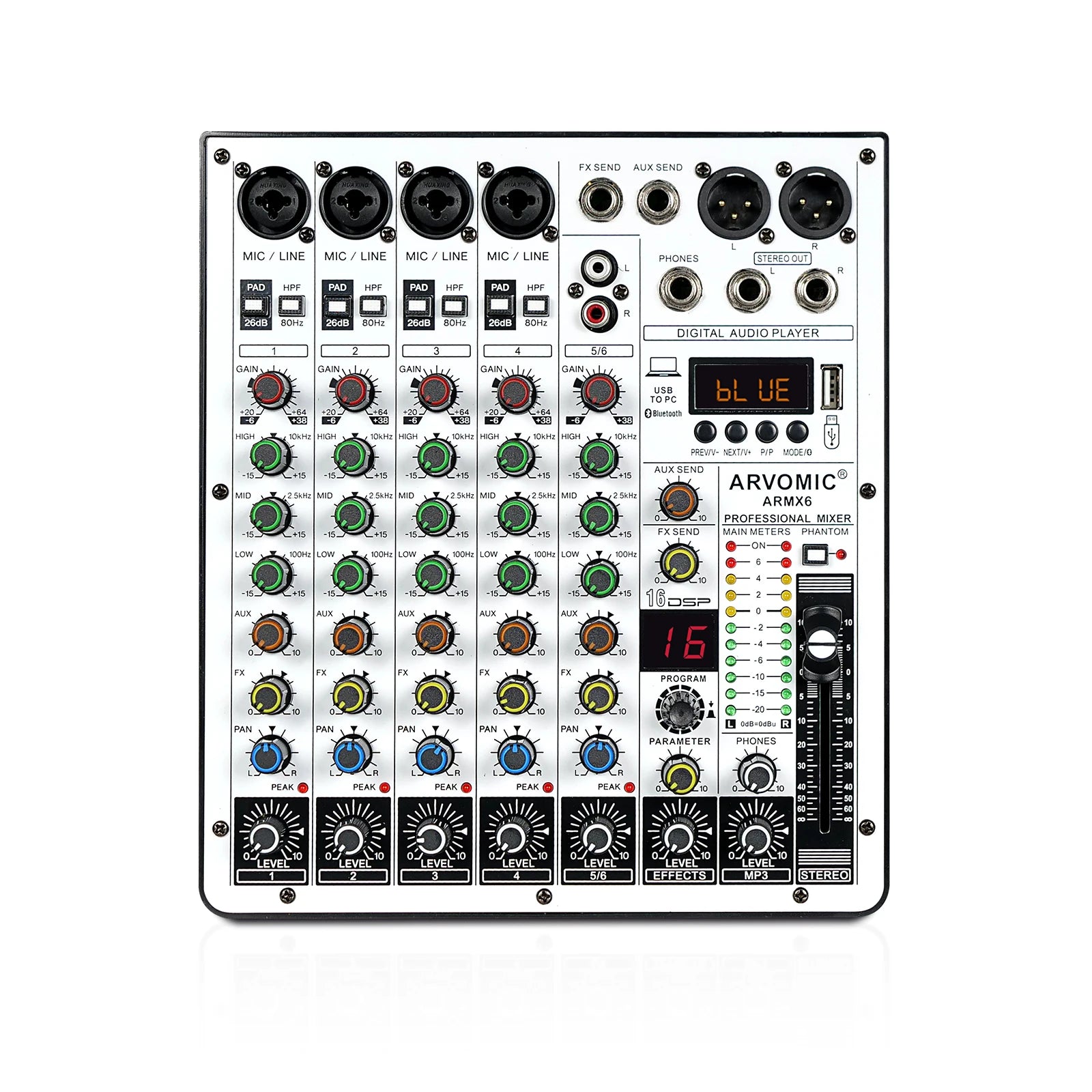 ARMX-6 6-Channel Audio Mixer with USB, Bluetooth, 16 DSP Effects, and 3-Band EQ