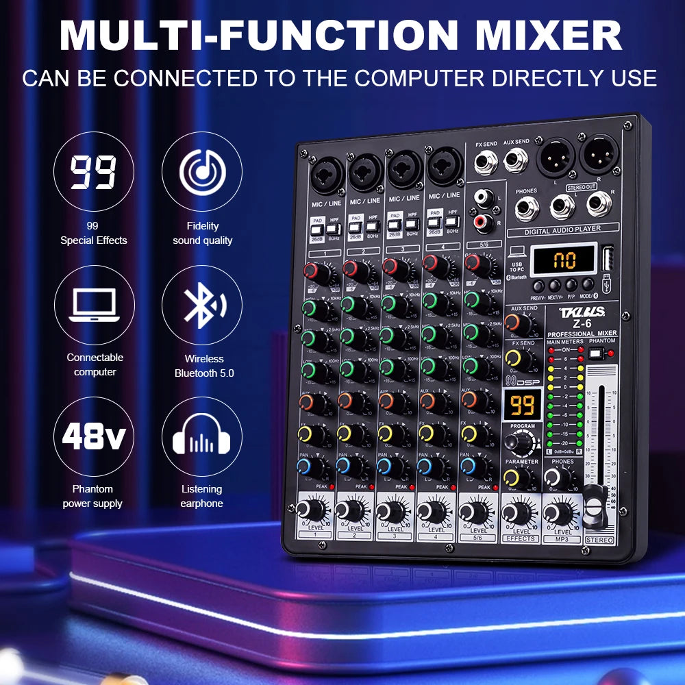 TKLBLS 6-Channel Audio Mixer USB Bluetooth DJ Studio Console
