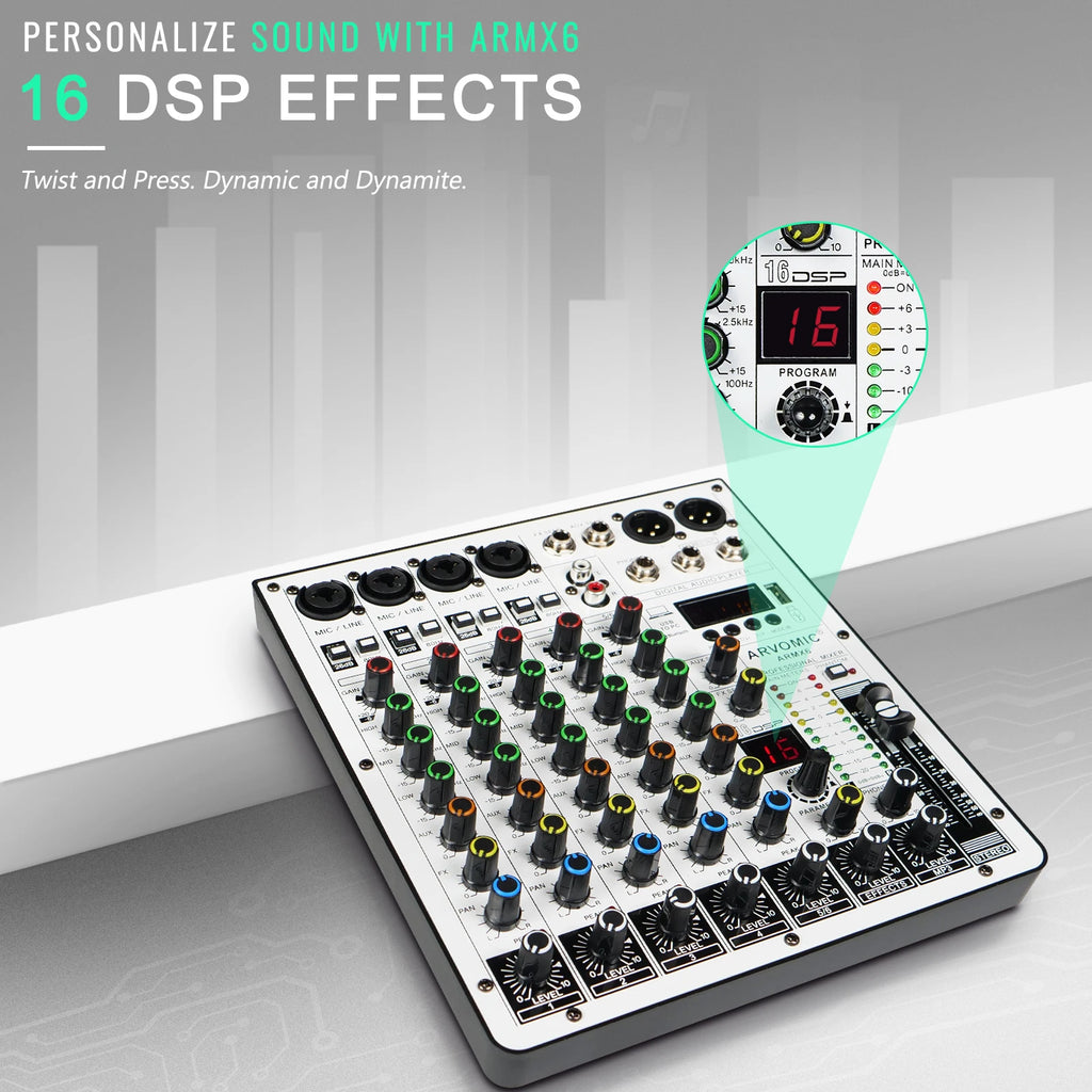 ARMX-6 6-Channel Audio Mixer with USB, Bluetooth, 16 DSP Effects, and 3-Band EQ