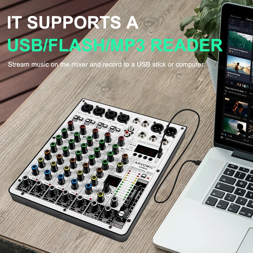ARMX-6 6-Channel Audio Mixer with USB, Bluetooth, 16 DSP Effects, and 3-Band EQ
